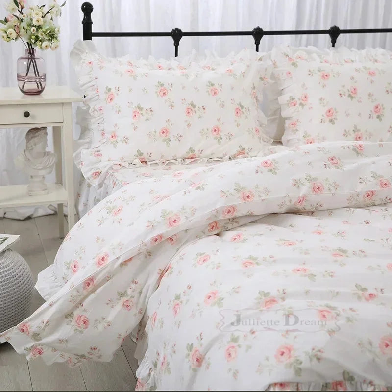 Garden Flower Print King Size Bedding Set Ruffle Duvet Cover Bed Sheet Princess Bed Linens Bedding Set Queen Comforter Sets