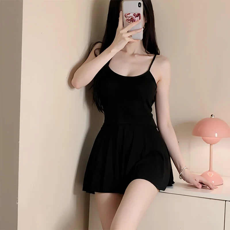 Women Sexy Halter Backless Slim V-neck  Mini Dress Smooth  Allure Pleated Micro MINI Dress Fashion Uniform Party Night Outfits