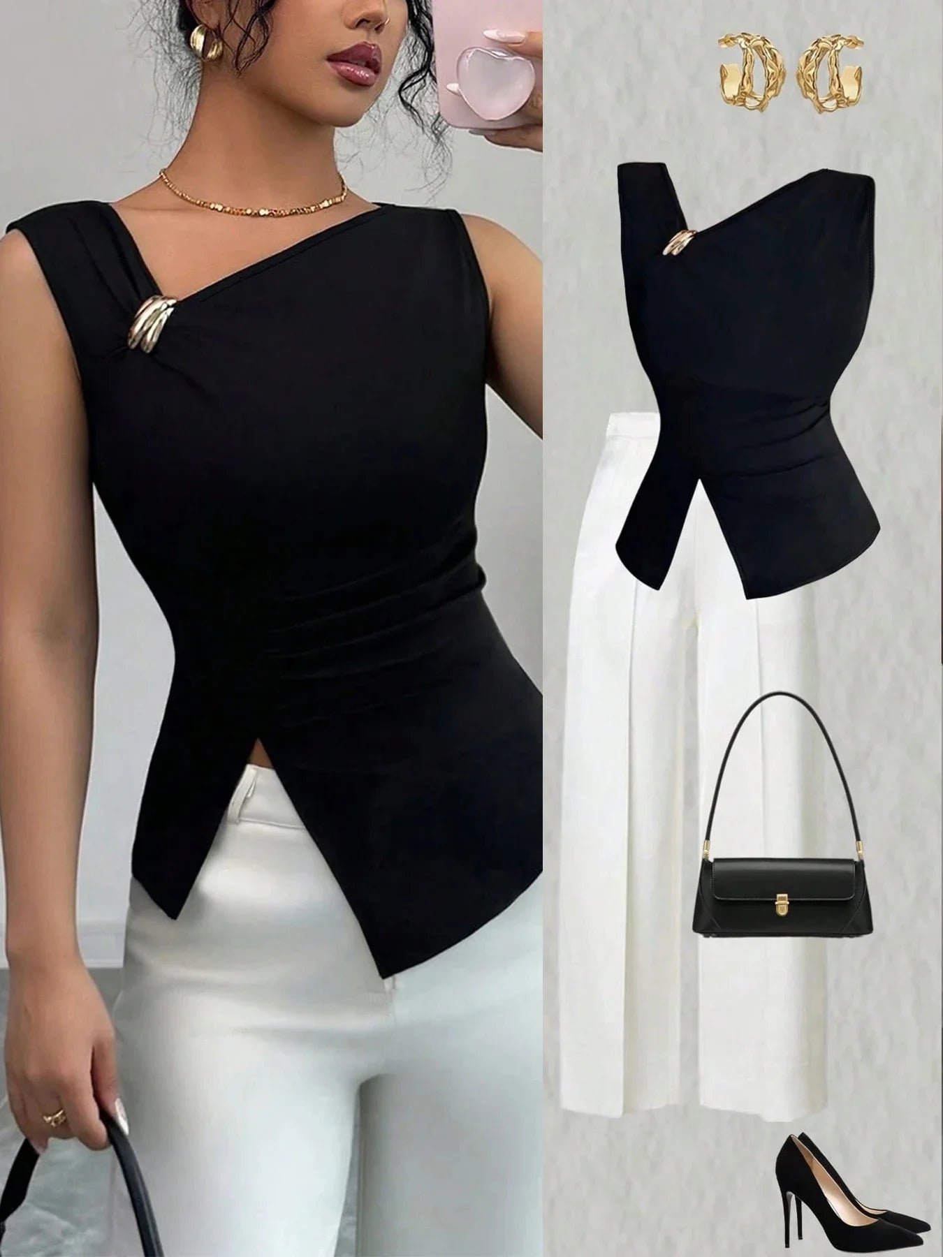 Womens Tank Top Asymmetric Ruched Split Decor Tank Top Ruched Blouse Fitted Elegant Chic Apparel Tops Spring Summer Daily Shirts