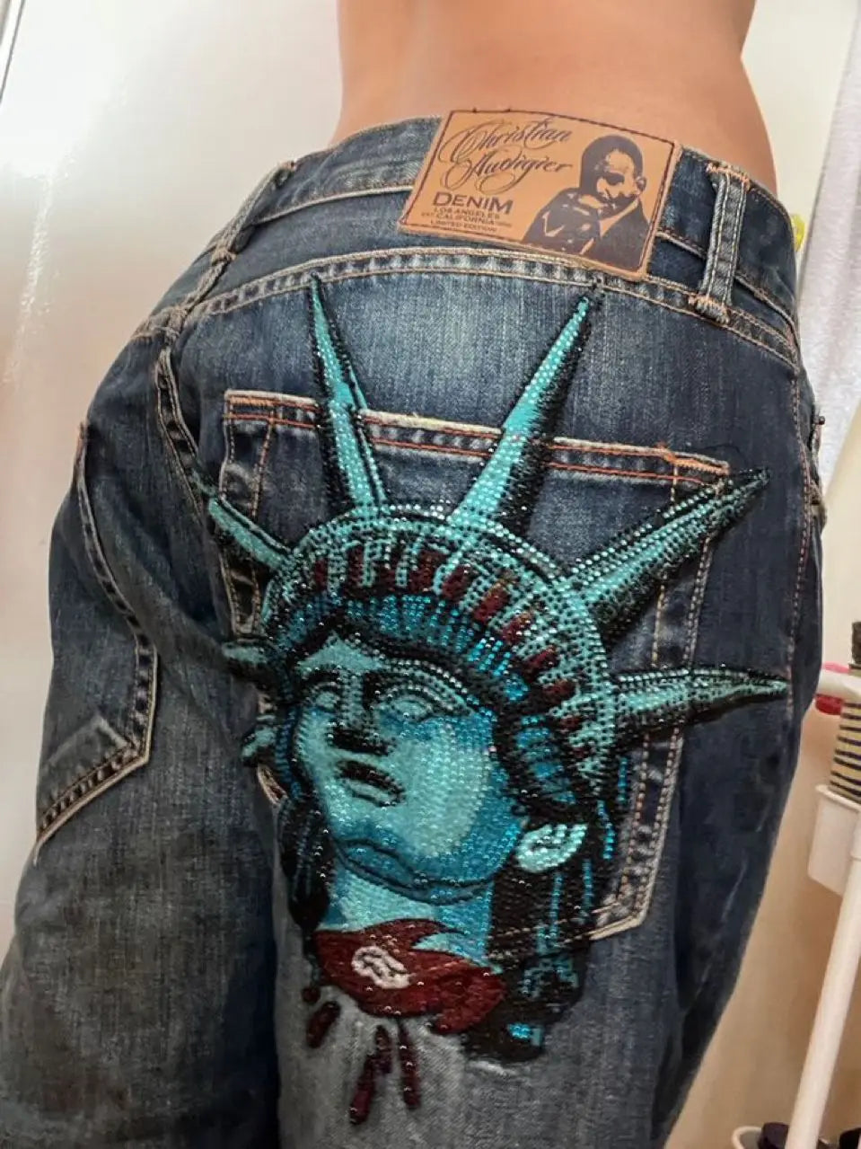 Vintage Statue of liberty Diamonds Jeans Casual Denim Pants High Waist Straight Wide Leg Jeans Harajuku Y2k 2000s Women Clothing