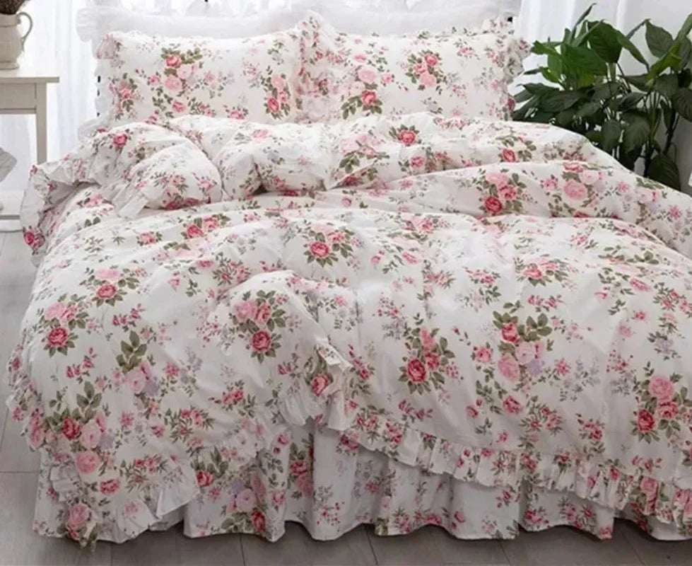 Garden Flower Print King Size Bedding Set Ruffle Duvet Cover Bed Sheet Princess Bed Linens Bedding Set Queen Comforter Sets