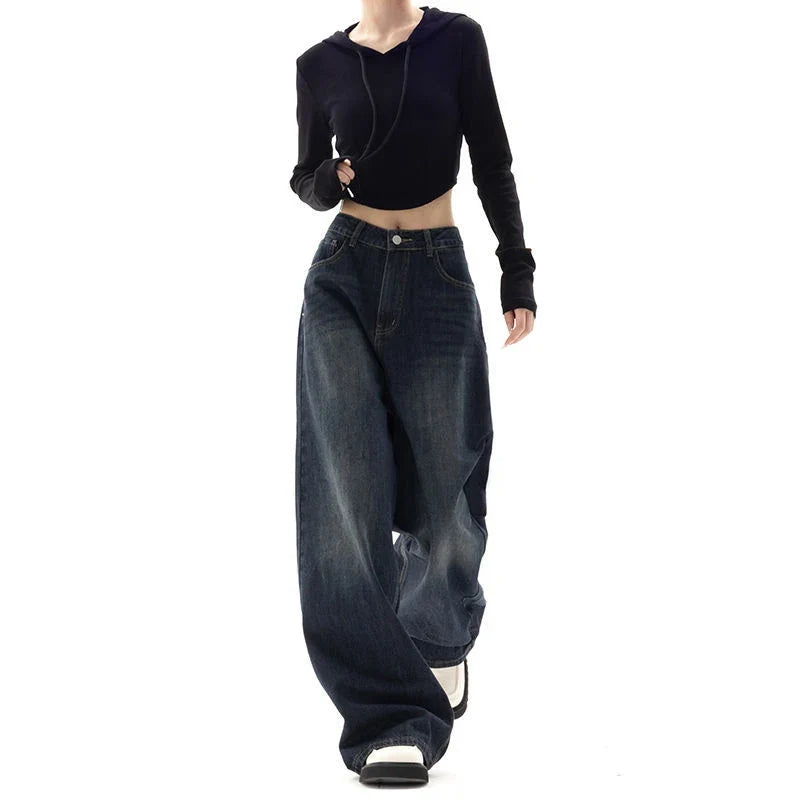 Women's Retro Street Style High-Waisted Wide Leg Pants Floor-Length Niche Design Loose Fit Slimming Jeans