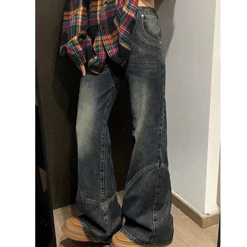 Y2K Spicy Girl Dark Series Wide Leg Jeans Women's New High Street Splicing Loose High Waist Slimming Flare  Pants