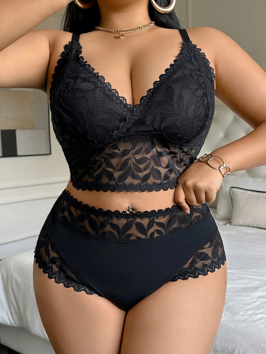 Women's Plus Size Sexy Lingerie Set Lace Floral Mesh Unlined Wireless Bra Breathable Sexy Lace Trim Panties 1Xl-4Xl