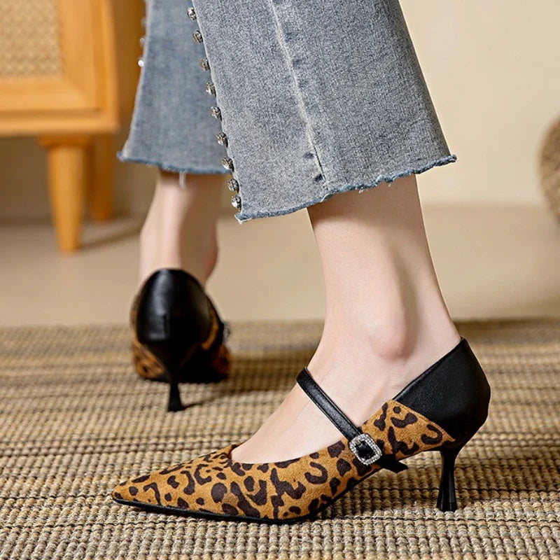 Pointed Toe Leopard Sexy Heels Women Elegant Thin High Heel Designer Pumps Dress Shoes Fashion Buckle Shallow Zapatos De Mujer