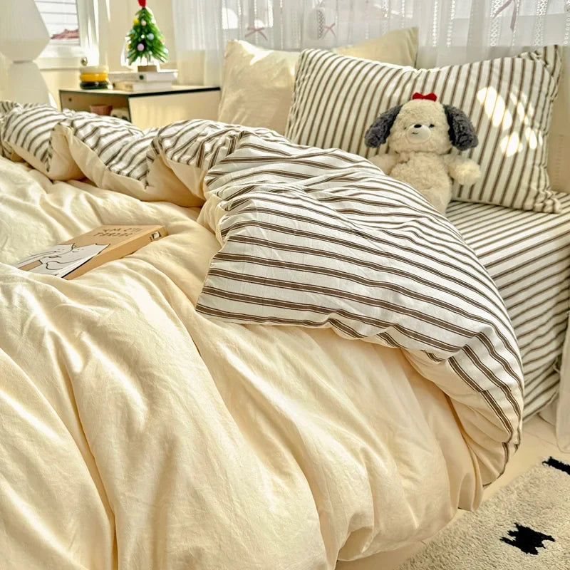 Ins Style Stripes Bedding Duvet Cover Set with Pillowcase bed sheet Full Size Bed Linen Quilt Cover Set Queen/King Double Single