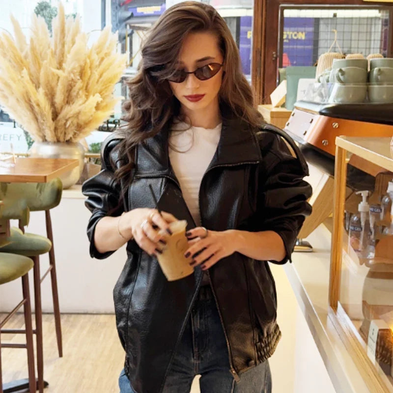 HXAO New Arrival Women's Bomber Jacket Leather Black Jackets Cropped Oversize Outerwears Zip-Up Long Sleeve Coats Outdoor Jacket