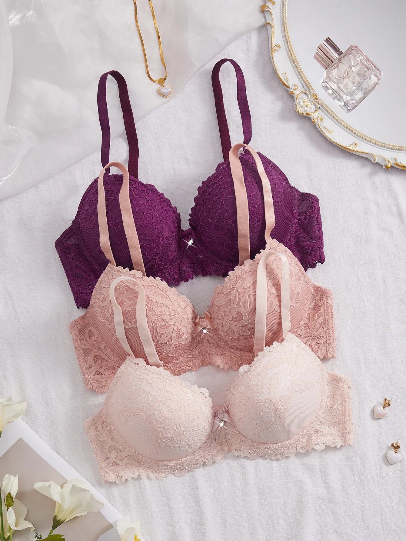 3PCS Lace Trim Women's underwear set Underwire Push up Bra for Women Bow & Rhinestone Comfort Daily Lingerie Set A B C Cup