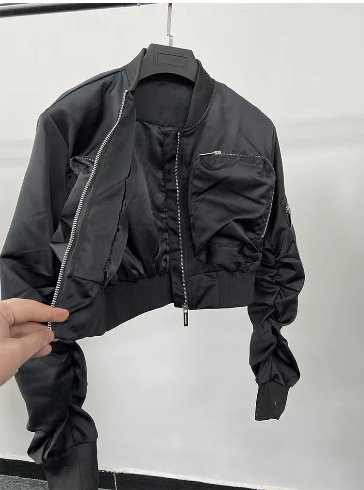 Y2k Bomber Jacket Women Baseball Jersey Jacket Zip Cropped Coat High Waist Spring Autumn Long Sleeve Outerwear Trend Tops Black