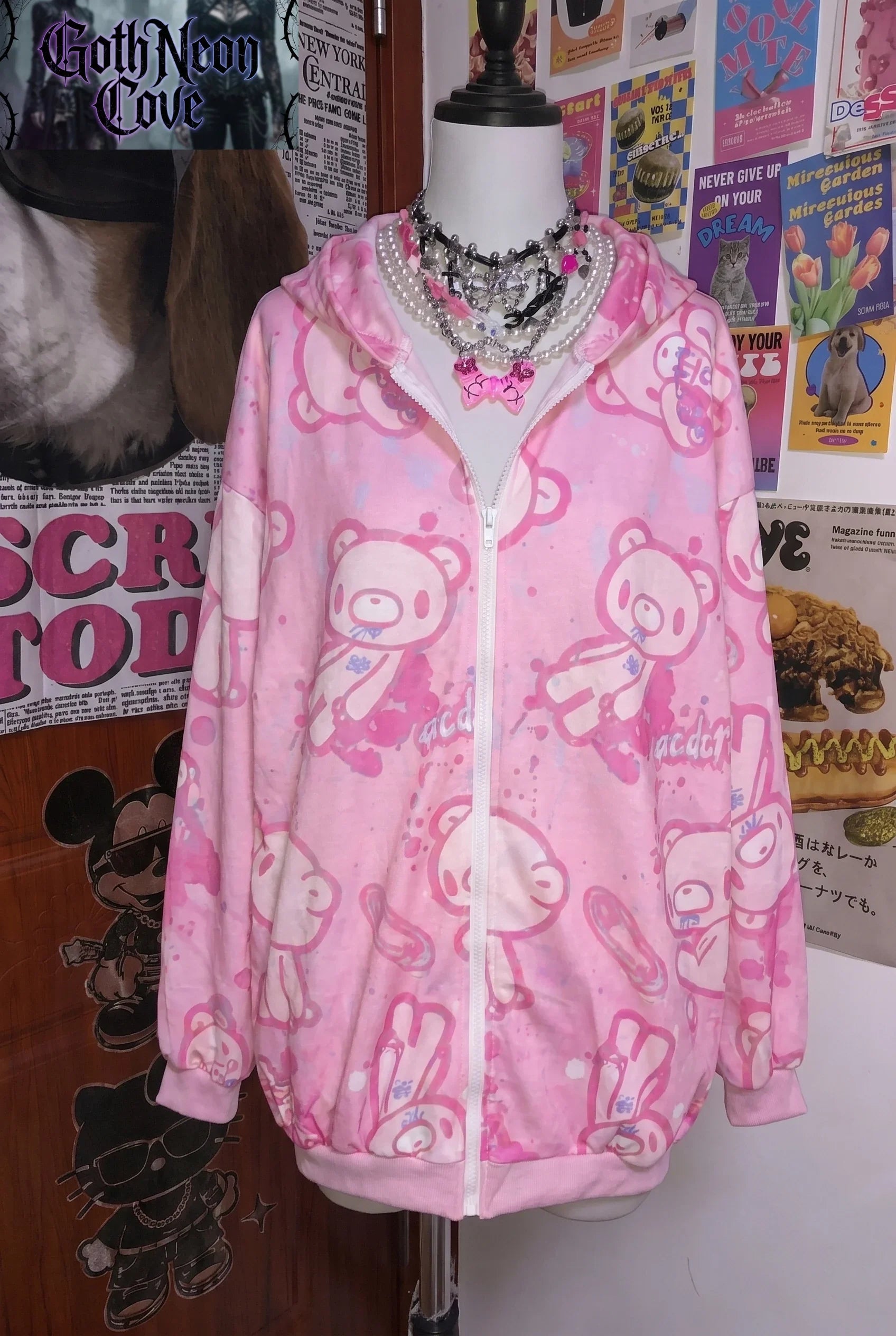 American High Street Y2K Hoodie Women's Cartoon Printed Bear Long Sleeve Coat Subculture Graffiti Yami Kawaii Loose Hooded Coat