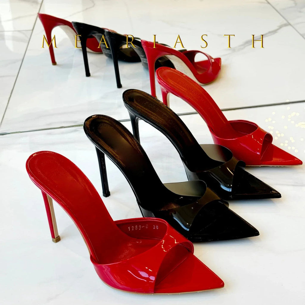 Ladies High-heeled Slippers Shoes Fashion Pointed Sexy Patent Leather Women with Open Toes and Party Wedding Stripper Sandals.