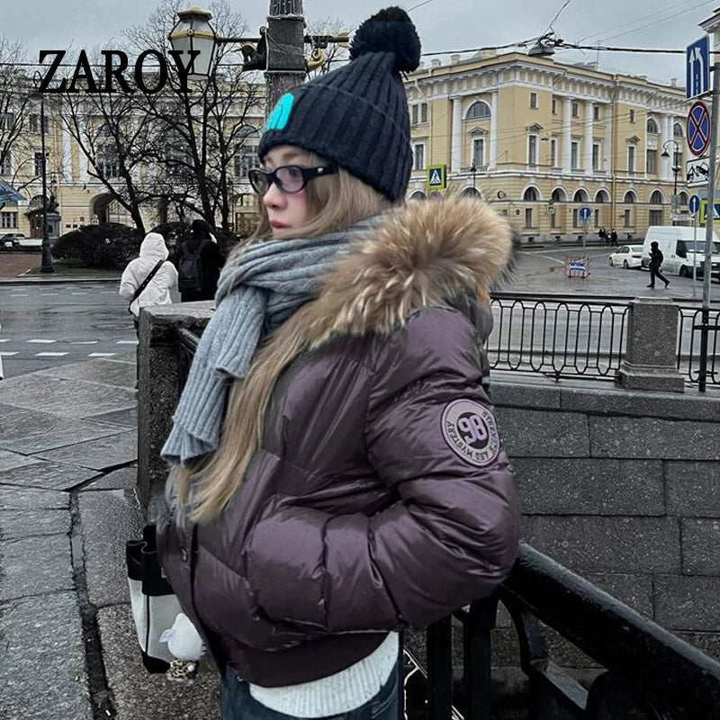 ZAROY Faux Fur Hooded Cotton Puffer Jacket Women Winter Quilted Zipper Pocket Coat Y2K Retro Padded Parkas High Street Outerwear
