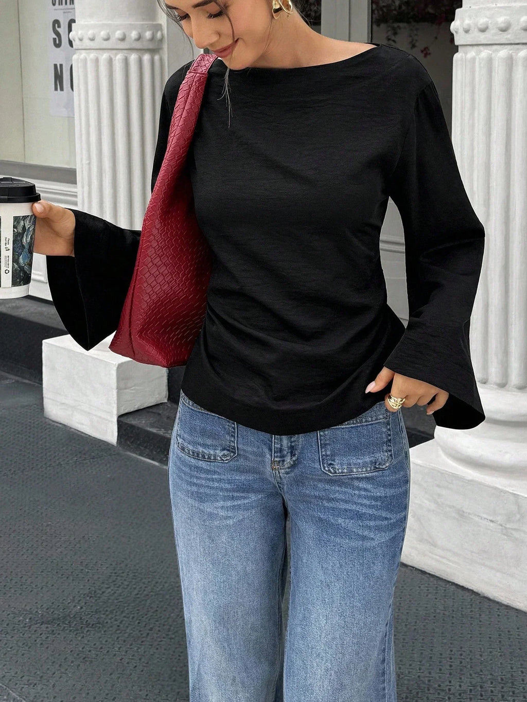 Women's Casual Solid Color Boat Neck Flare Sleeve T-Shirt Elegant Back Tie Slim Fit Long Sleeve Tops Spring/Fall