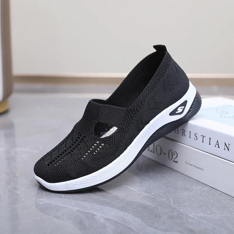 Women's Casual Mesh Sneakers – Cut-Out T-Strap & Cushioned Wedge Sole