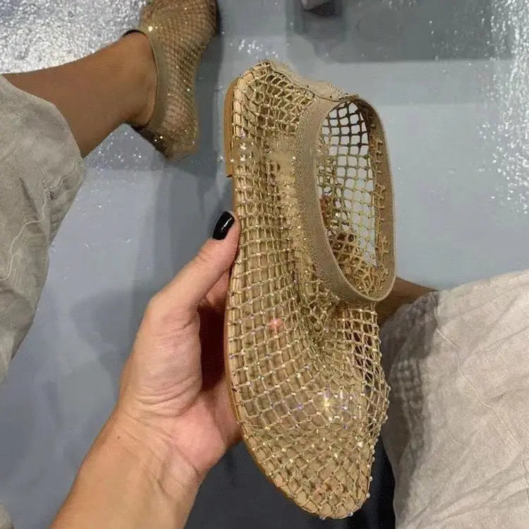 Luxury brand Women's New Round Toe Flat Bottom Slippers Hollow Short Boots Water Diamond Sexy Flat Bottom Banquet  Sandals