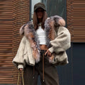 Vintage Thicken Faux Fur Woolen Jacket Women Fashion Hooded Pocket Lantern Sleeve Elastic Waist Coat Winter Female Daily Outwear