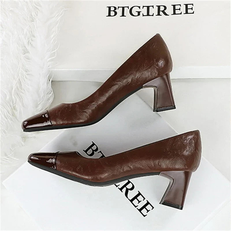 BIGTREE Fashion Patent Leather Women's Pumps Square Toe Stripper Elegant Party Vintage Spring Ladies Shoes Zapatos Mujer