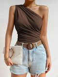 Women One Shoulder Pleated Tank Top Summer Solid Sleeveless Ruched T-shirt Streetwear Off the Shoulder Top