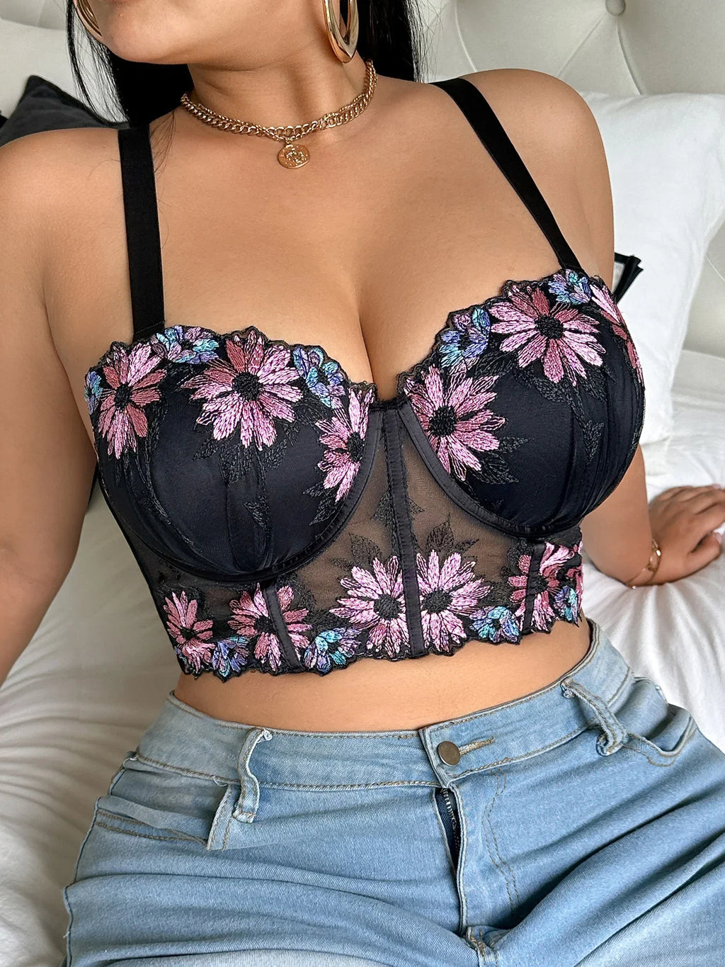 Plus Size Women Bra Floral Lace Patchwork Embroidery Thin Cup Push up Bra Comfortable Underwire Shapewear Bra for Women
