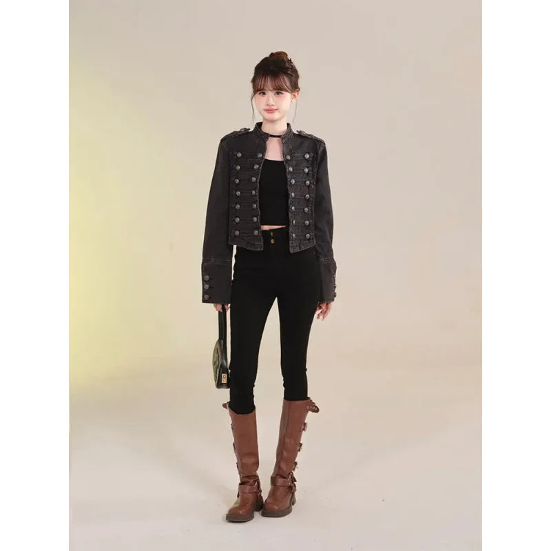 Women's American Retro Denim Military Inspired Cropped Jacket Long Sleeve Stand Collar Casual Motorcycle Coat