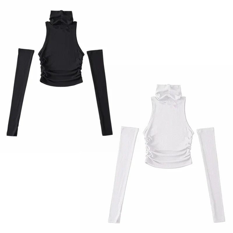 Woman Clothes Fall 2025 Tank Top Sleeve Cover Sleevless Side Pleats Turtleneck T-shirt  Sexy Ribbed Knitted Tops Y2k 2529
