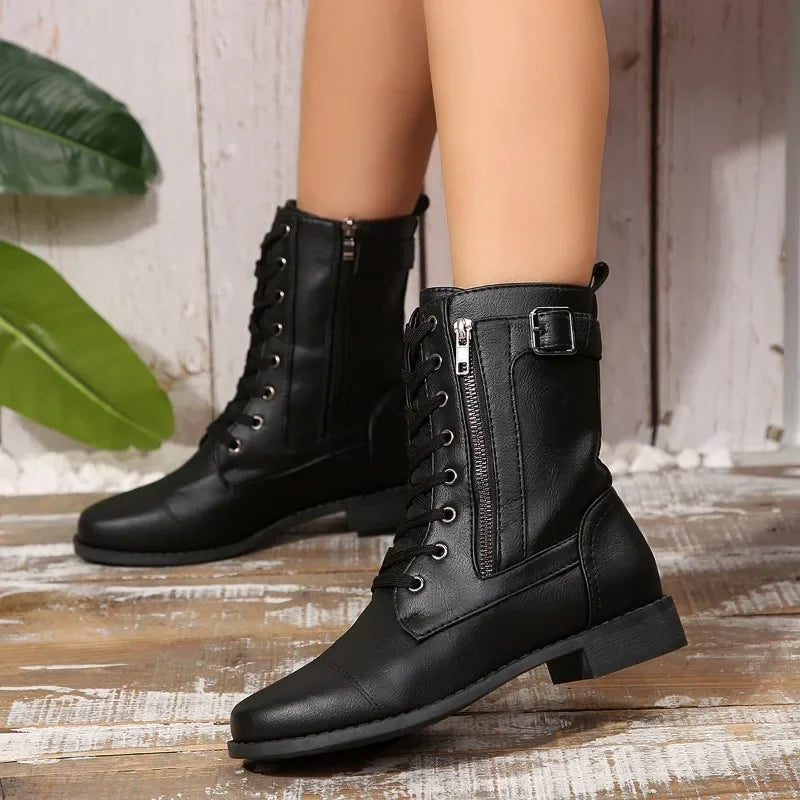 Plus Size Autumn New European and American Flat Low Heel Short Boots Roman Zip Boots for Women