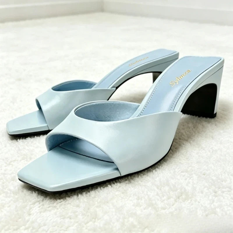 Soft Leather PU Mule Sandals Women Fashion Square Toe Design Slingback Heels for Ladies Elegant Commuting Office Slide Sandals