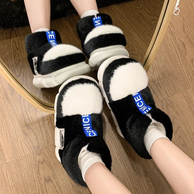2025 Women's Winter Warm Shoes Plush Lining Indoor Slippers Couples Platform Heel High Top Snow Boots Female Male Home Slipper
