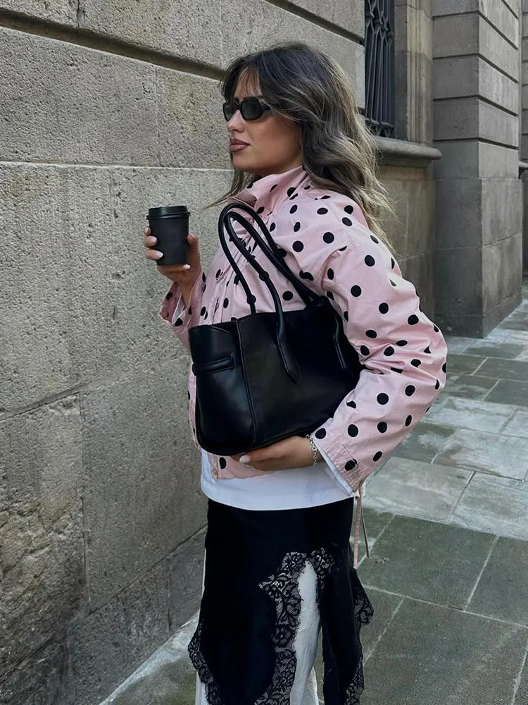 HH Women Elegant Fashion Polka Dot Pink Jacket Single Breasted High Collar Drawstring Coat Spring Lady Trend Street Outwear