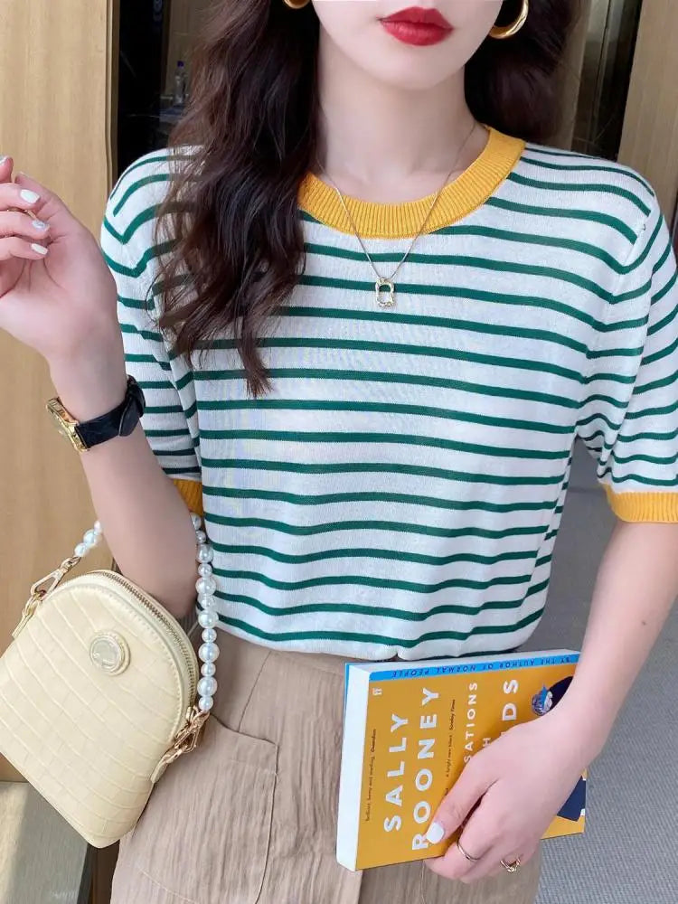 2026 Stripe Tops Women Knitted Round Collar Summer Print Short Sleeve Casual Simple Wild T-Shirt