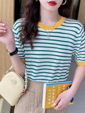 2026 Stripe Tops Women Knitted Round Collar Summer Print Short Sleeve Casual Simple Wild T-Shirt
