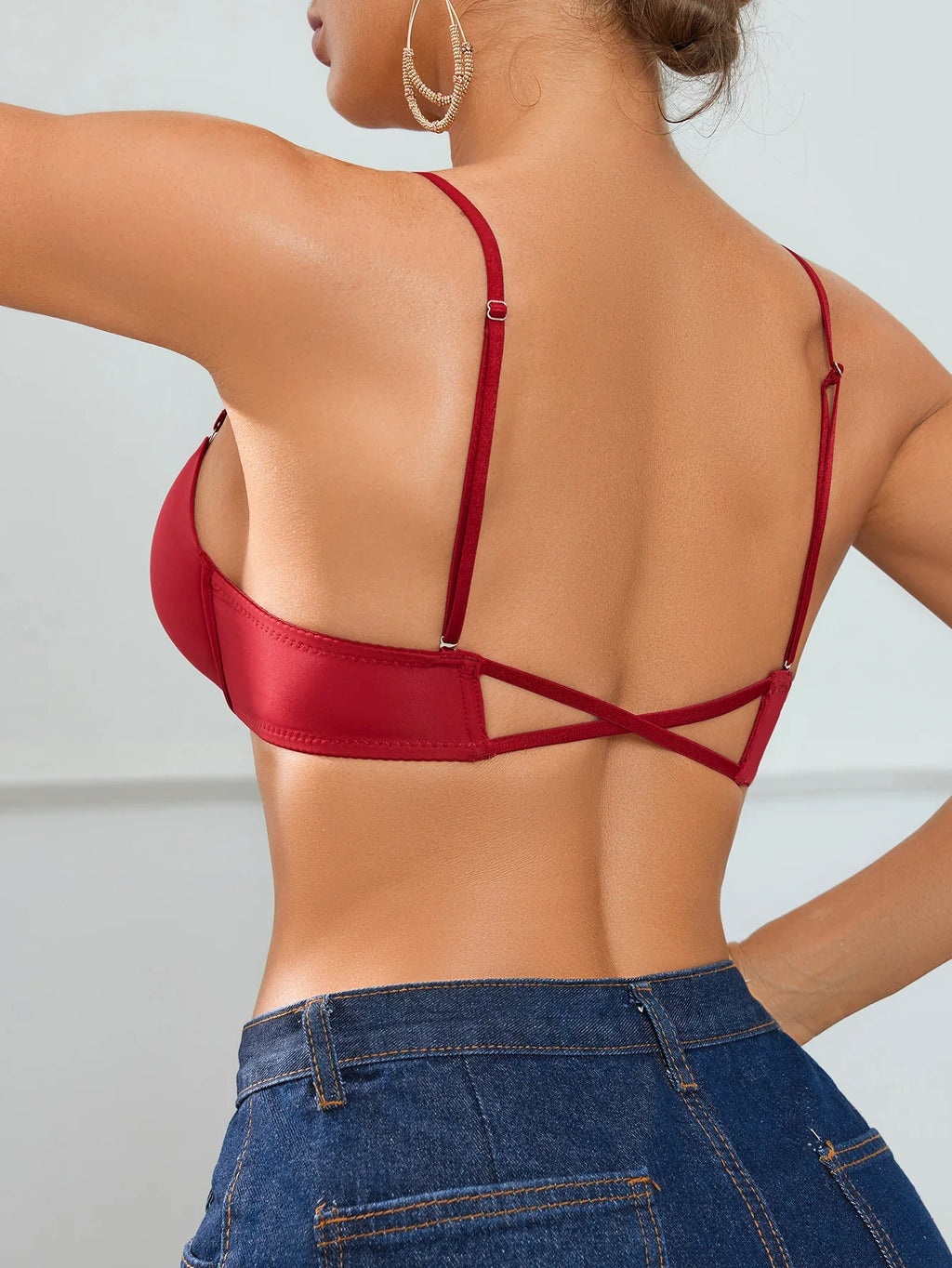 Single-Piece Everyday Solid Color Simple Bra Front-Clasp Knitted Push up Bra Sexy Cross-Strap Decorative Back Design Women's Bra
