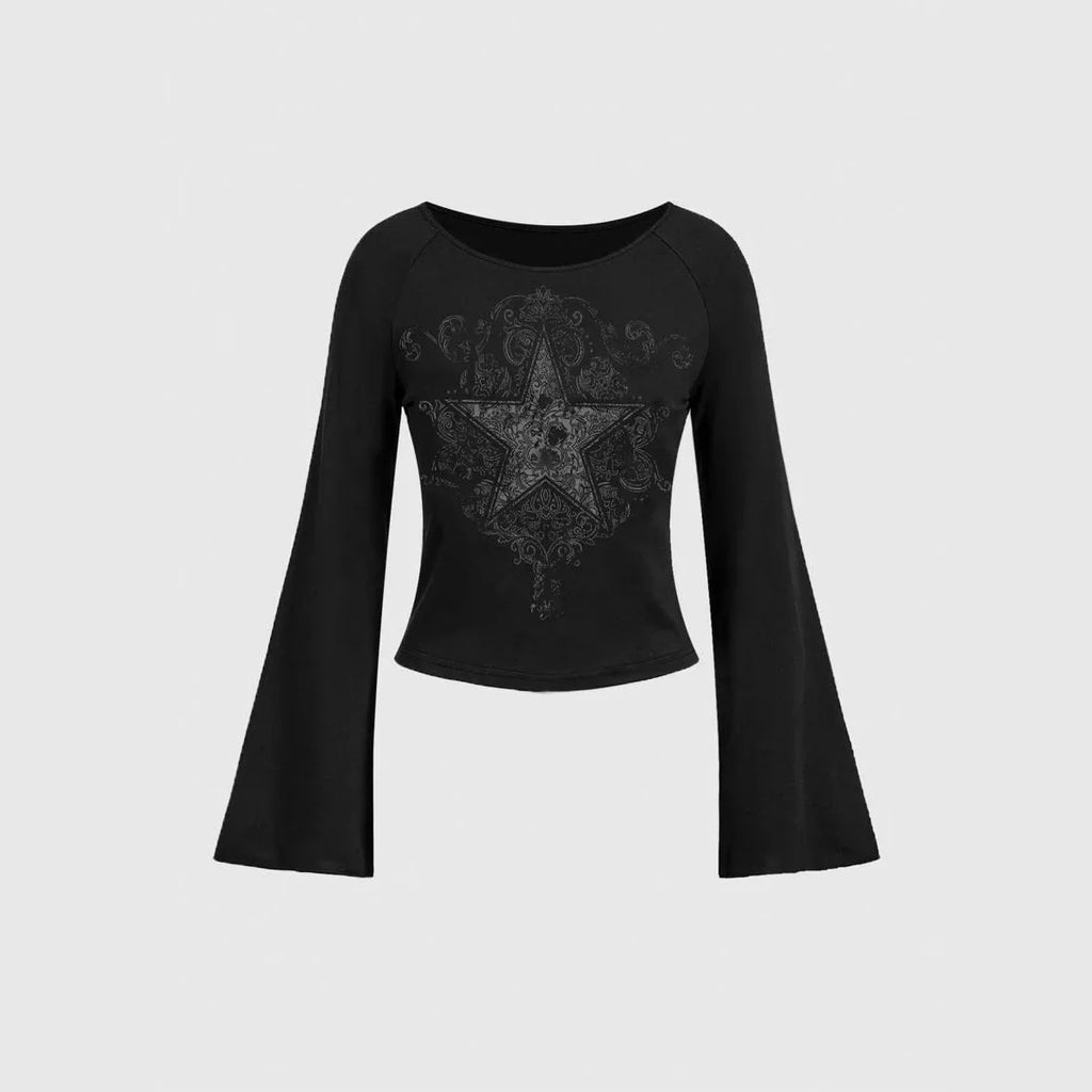 Y2K Grunge Emo Pattern Top Suitable for Autumn E-Girls Millennium Style Women's Aesthetic Gothic Printed Loose Long Sleeve T-shi
