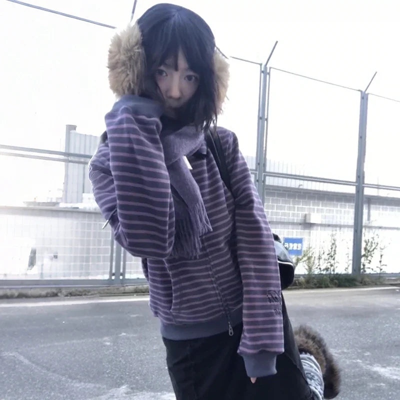 Karrram Japanese Y2k Purple Striped Cardigan 2000s Style Turtleneck Knitted Jacket Vintage Harajuku Zipper Knitwear Korean 90s