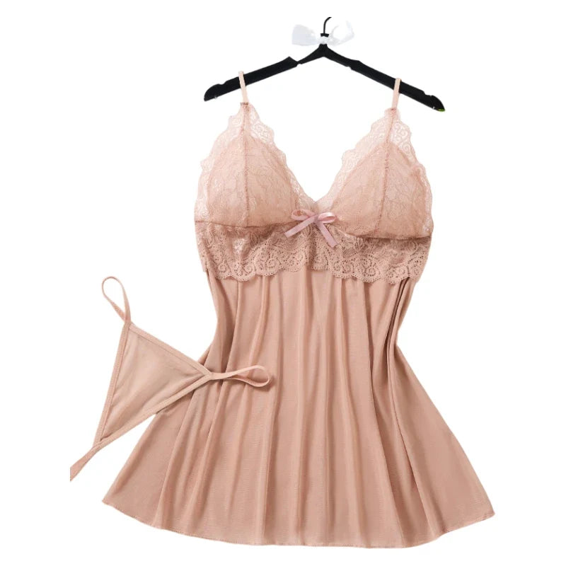 Sexy Lingerie Dress Women Lace Mesh See Through Nightdress Solid Slim V Neck Slip Sleepwear Summer Hot Nightgown Night Shirts