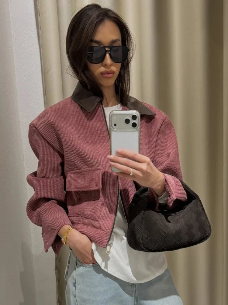 SLTNX Spring Pink Casual Jacket Women's Loose Fit Streetwear Front Zipper Pockets Lounge Wear Daily Outerwear