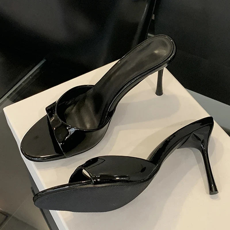 Liyke Wine Red Patent Leather Women Slippers Sandals Fashion Round Open Toe Thin High Heels Mules Slides Summer Party Dress Shoe