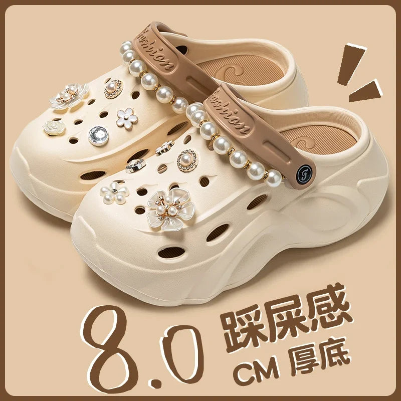 Summer Fashion Pearl Chain DIY Clogs Women 2025 Chunky Platform Slip On Sandals Women Thick Bottom EVA Slippers Shoes Woman Heel