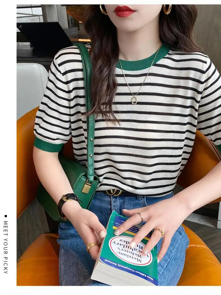 2026 Stripe Tops Women Knitted Round Collar Summer Print Short Sleeve Casual Simple Wild T-Shirt