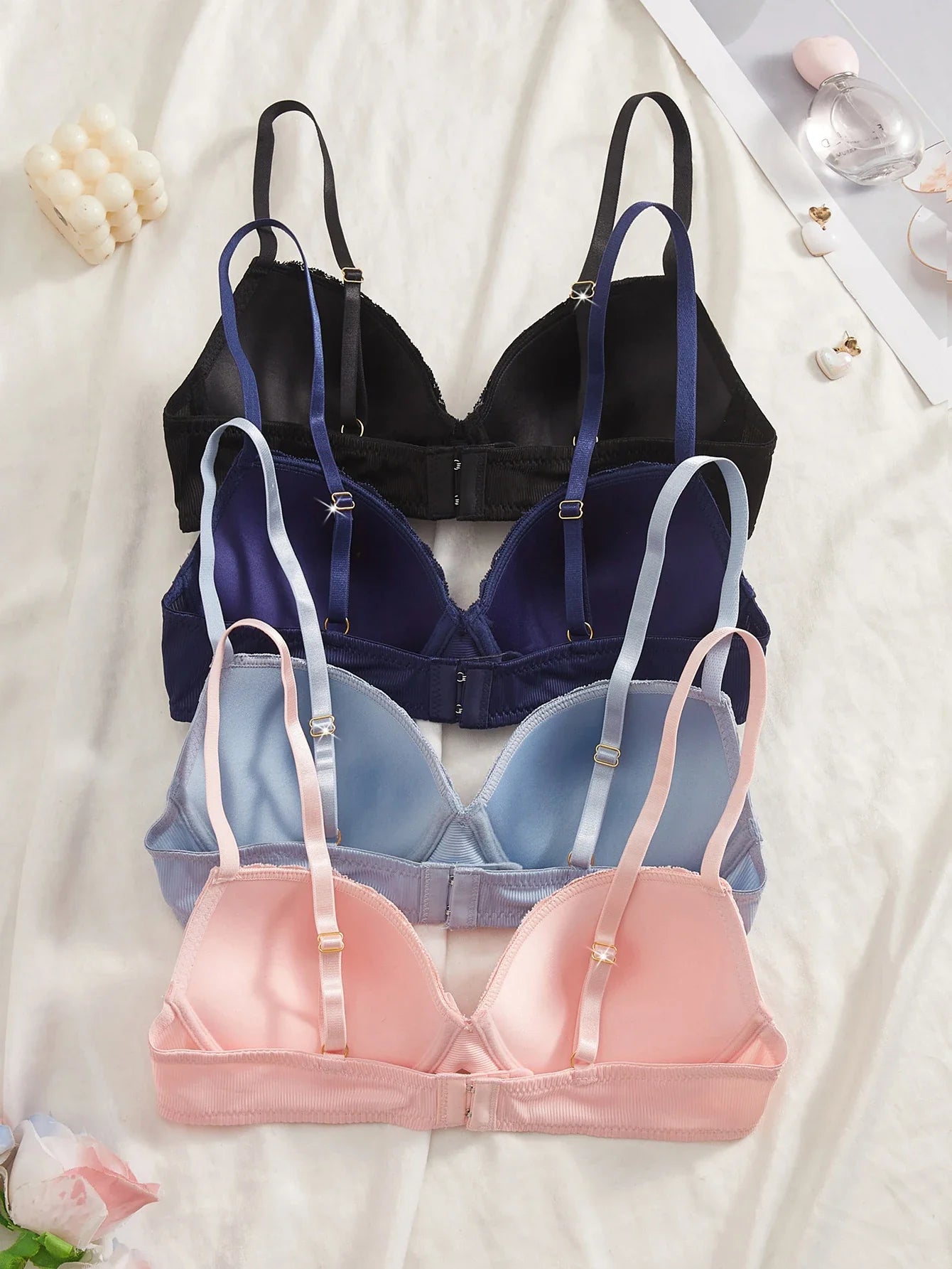 4PCS Daily Lace Trim Women's Underwear Set Bow Ribbed Push up Underwire Bra Comfortable Stylish Women's Bra