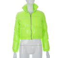 Fashion Cute Women Bright PU Pink Puffer Jacket Winter Warm Bubble Coats Shiny Leather Parkas Down Zipper Cropped Jackets Parkas