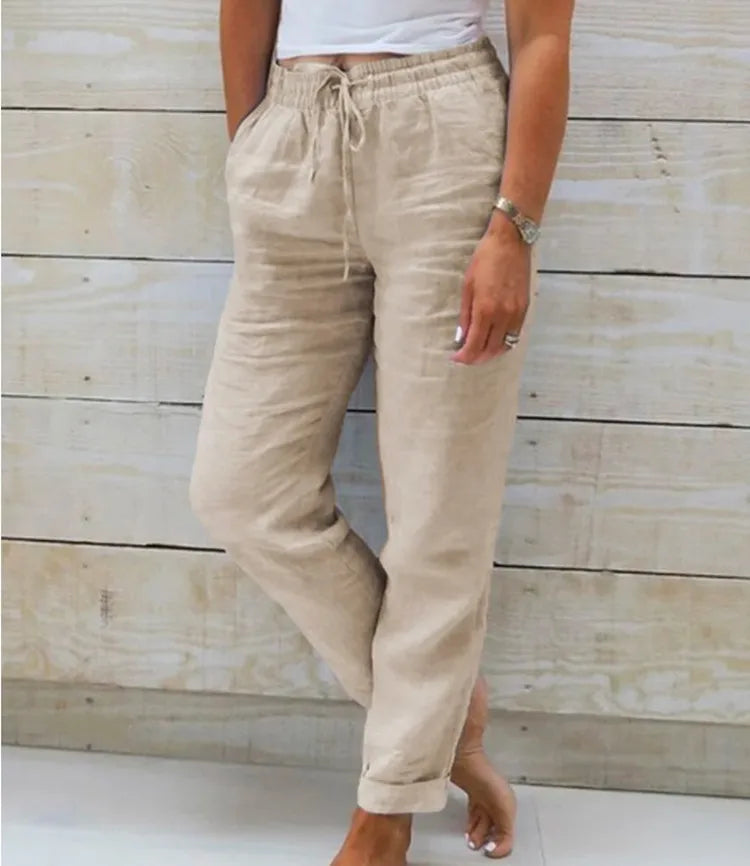 Cotton Linen Summer Pants for Women High Waist Elastic Casual Trousers Streetwear Solid Female Clothes 2026 Loose Pencil Pants