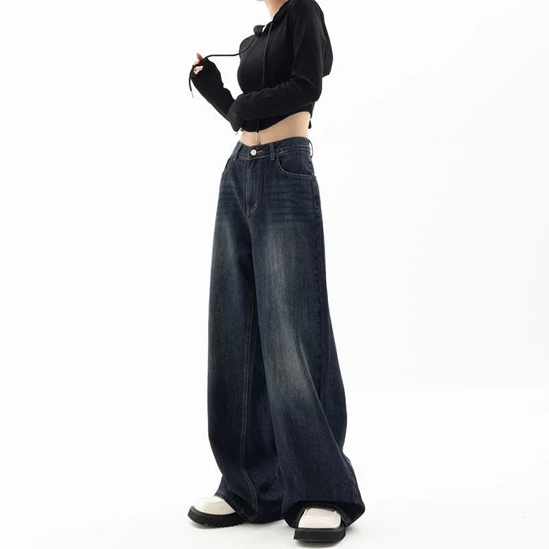 Women's Retro Street Style High-Waisted Wide Leg Pants Floor-Length Niche Design Loose Fit Slimming Jeans