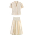 Summer minimalist style V-neck slim fit structured knit short sleeved knitted jacket with suspender short top and half skirt