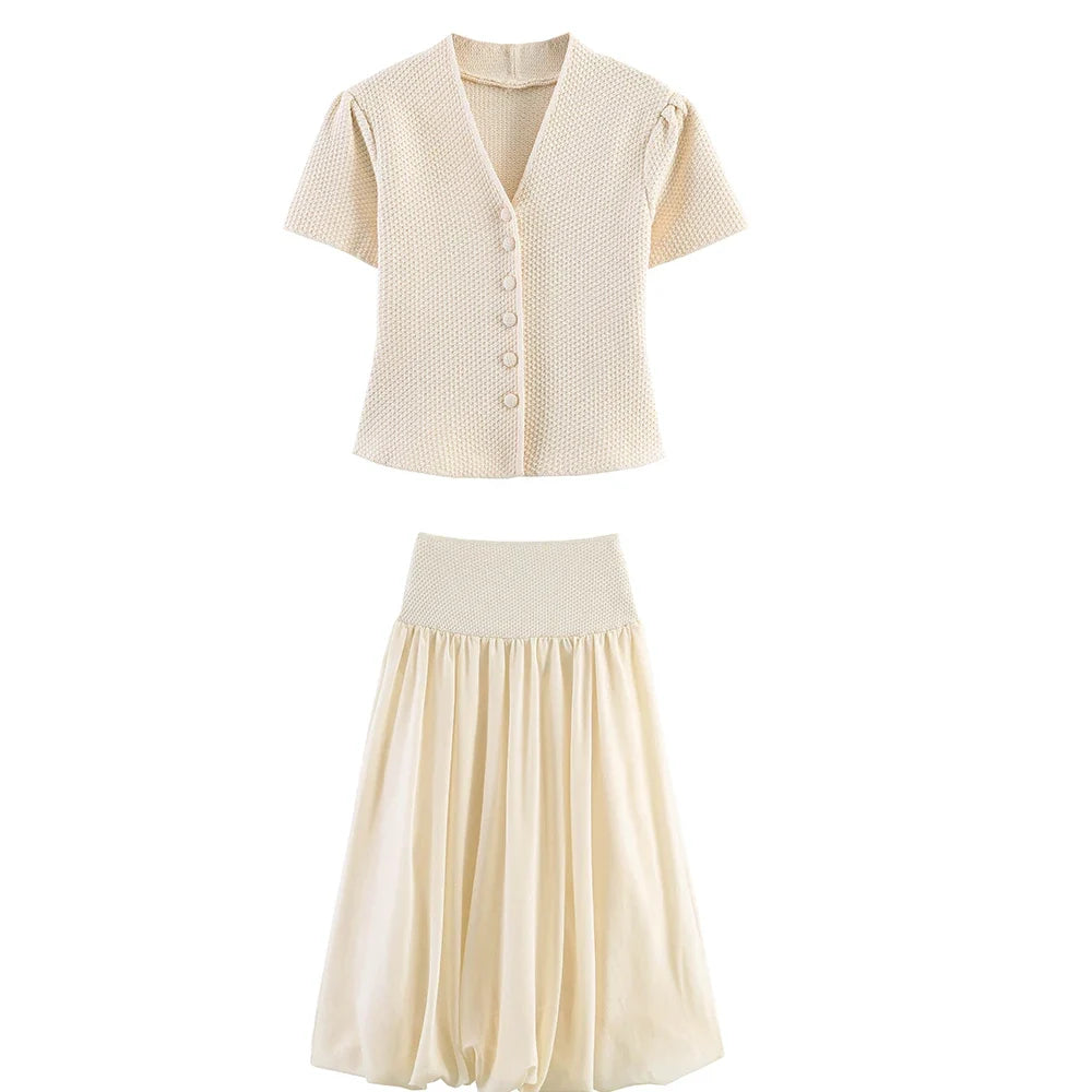 Summer minimalist style V-neck slim fit structured knit short sleeved knitted jacket with suspender short top and half skirt