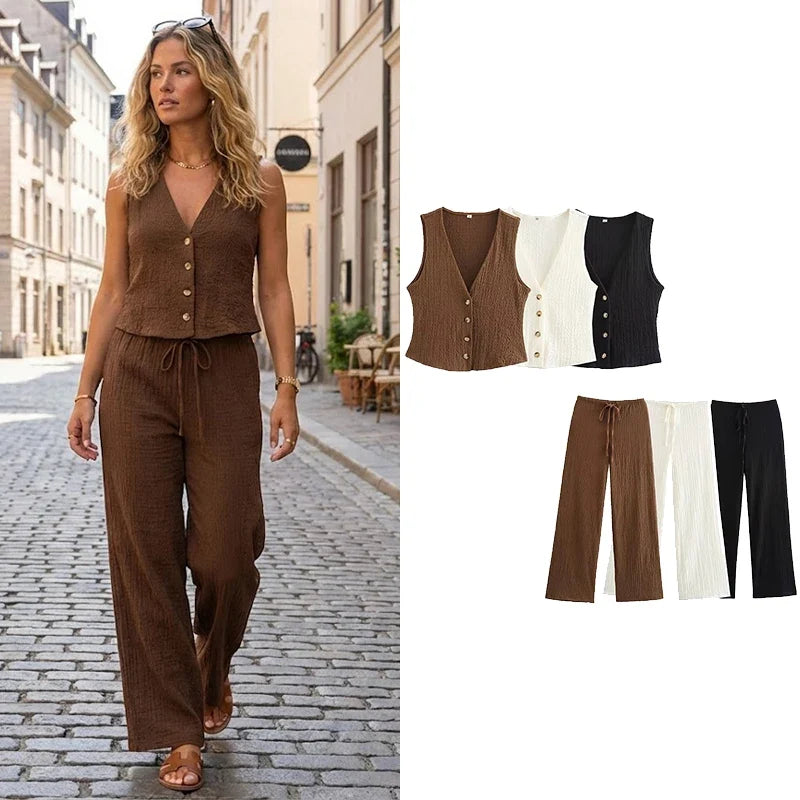 Willshela Women Fashion 2 Piece Set Solid Single Breasted Tank Tops & Vintage HIgh Elastic Waist Pants Female Chic Pants Suit