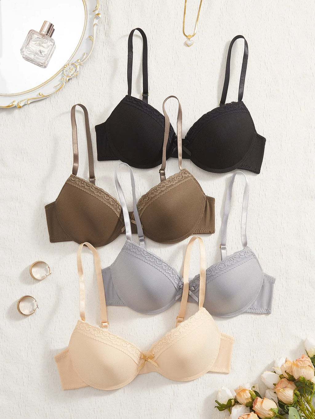 4PCS Daily Lace Trim Women's Underwear Set Bow Ribbed Push up Underwire Bra Comfortable Stylish Women's Bra
