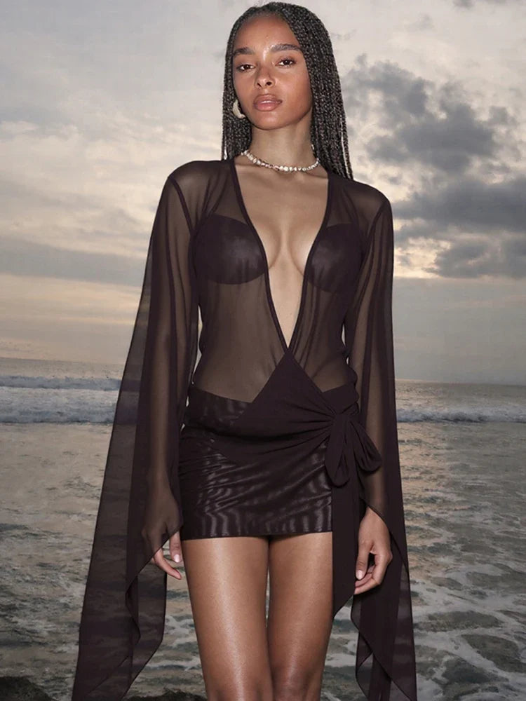 kliou Mesh Irregular Women Mini Dress Sexy See Through Chic Long Sleeve Deep Low Neck Bandage Slim Vestidos Mujer Coquette Frock