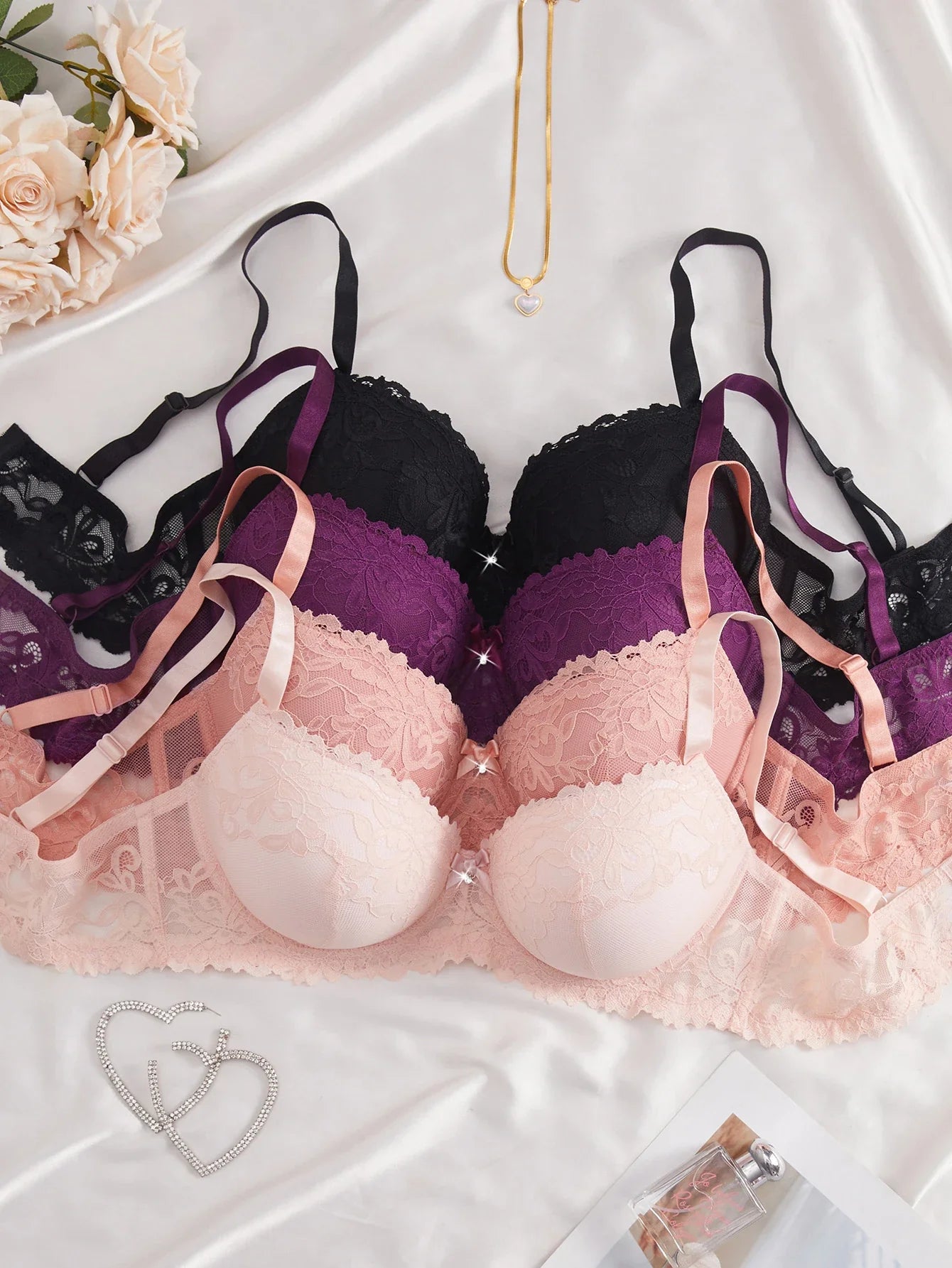 4PCS Plus Size Women's Bras Floral Lace Underwire Underwear Set Side Support Push Up Daily Comfort Full Cup Lingerie Set