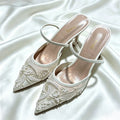 Elegant Mesh Embroidered Flowers Designer Heeled Sandals Women 2025 Summer Sexy Slingback Pointed Toe Thin High Heels Dress Shoe